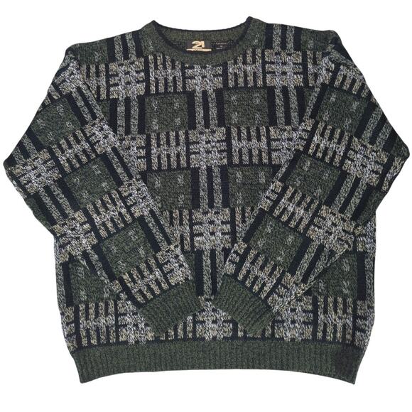 VTG Avenue 21 Sweater XL Green Gray Geometric Knit Crew Neck Long Sleeve Mens - Picture 1 of 9